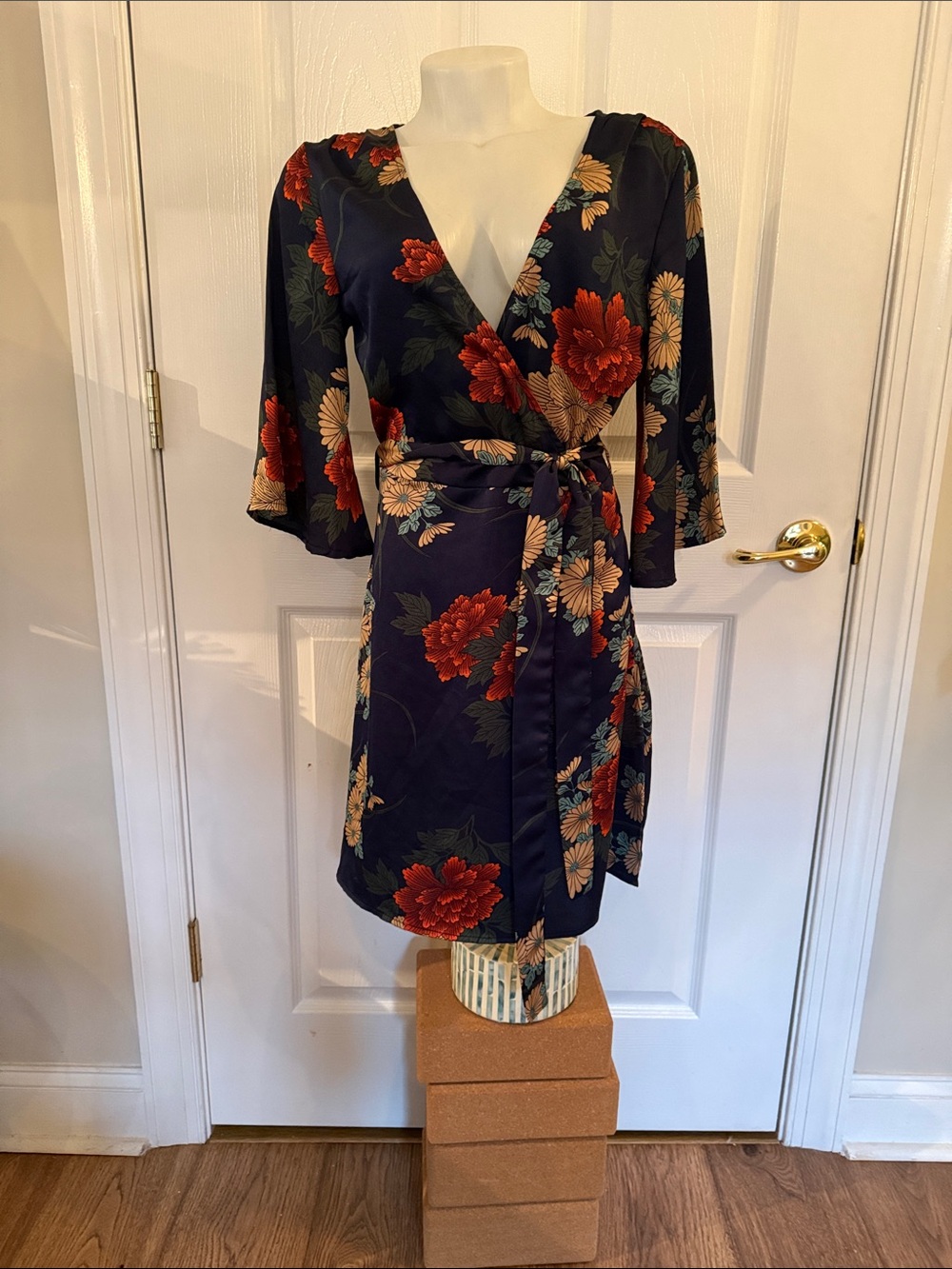 Boohoo Navy Floral Wrap Midi Dress with Red and Cream Blooms